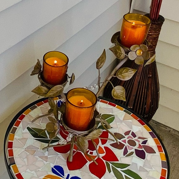 PartyLite Vintage 3+1 Candle Holder Centerpiece-Metal Leaves&Flowers, Beads&Gems - Picture 8 of 17